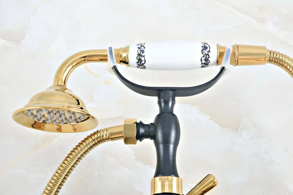 

Black Gold Color Brass Wall Mount Bathroom Tub Faucet Dual Ceramic Lever Telephone Style Hand Shower Clawfoot Tub Filler ana438