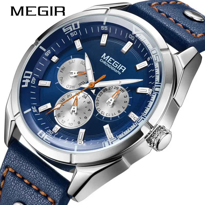 2019 MEGIR Роскошные мужские часы zegarek meski календарь недели Мужские с кожаным ремешком