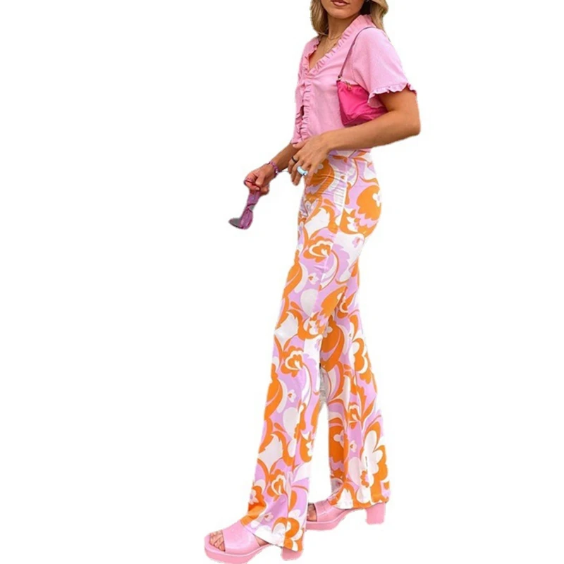 

MXMA Women Vintage Floral Print Skinny Long Pants High Waist Flare Bottom Trousers