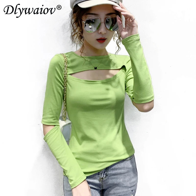 

Sexy long-sleeved Korean T-shirt women's ripped top 2022 T shirts Female spring autumn clothes cotton Casual Slim fit Tee shirt