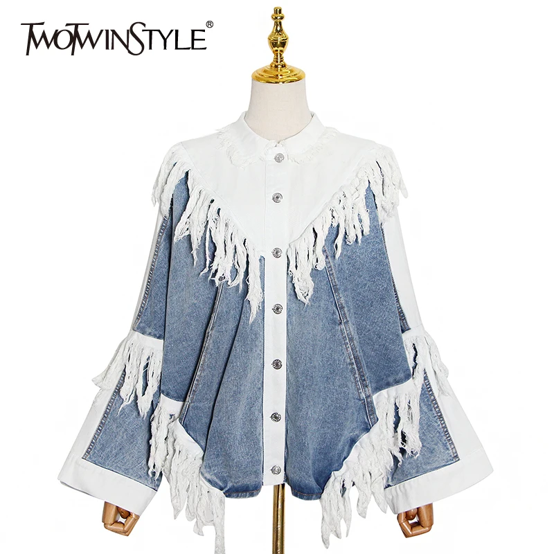 Женское джинсовое пальто TWOTWINSTYLE с кисточками длинным рукавом верхняя одежда для