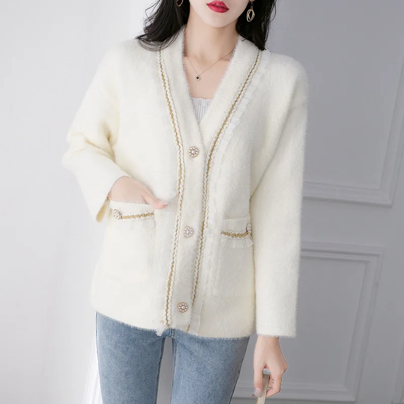 

Женское модное пальто ALIXMAN 2021, зимний Повседневный Универсальный плотный свитер с V-образным вырезом, вязаная куртка с кружевными краями