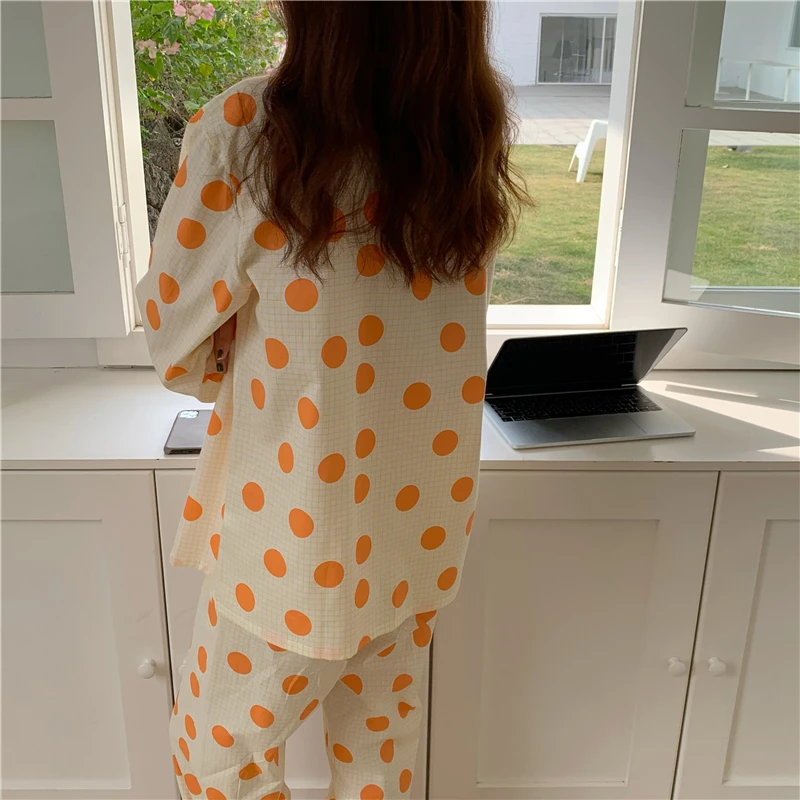 

Harajpee Ins Polka Dot Pajamas Women's Spring Autumn Cotton Long Sleeve Trousers Two Piece Set Plaid Korean Leisure Home Wear