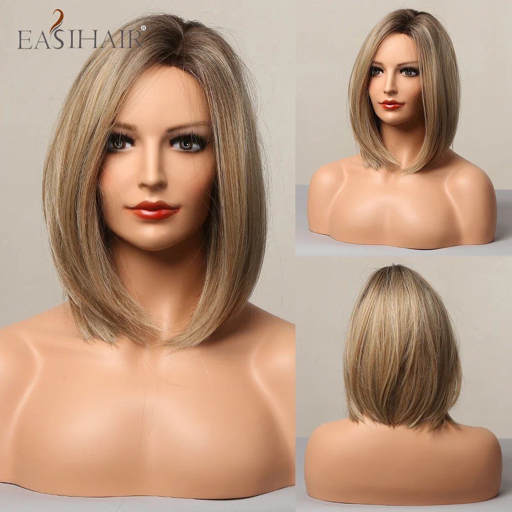 

EASIHAIR Ombre Brown Mixed Blonde Short BoBo Wigs for Women Synthetic Hair Wig Side Part Heat Resistant Wigs