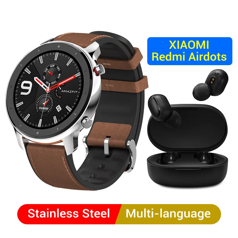 47mm-silver-airdots Xiaomi Amazfit GTR 47 мм 42 мм gps Смарт-часы Мужские 5ATM водонепроницаемые Смарт-часы 24 дня батарея AMOLED экран 12 спортивных режимов музыки - Цвет: 47mm-silver-airdots