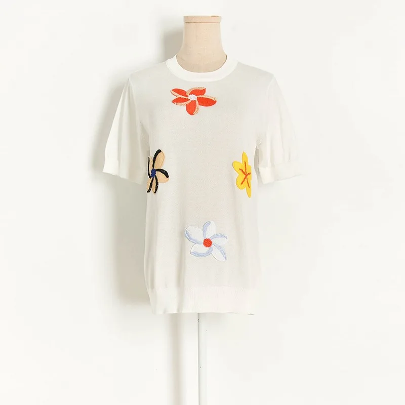 

2020 summer women flowers appliques sweaters Korean o-neck short sleeve knitted pullover sweater tops black pink white A16