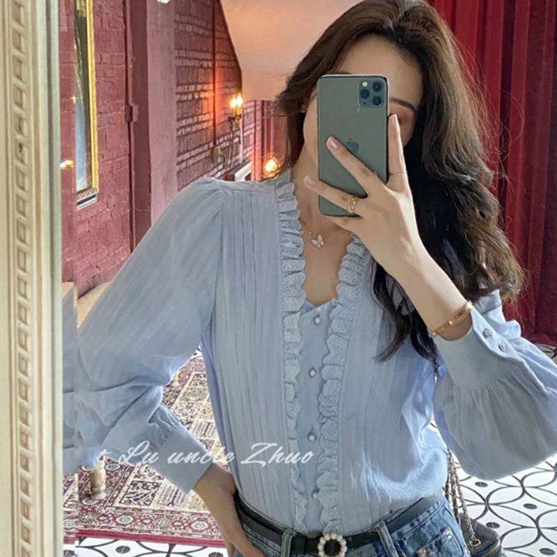 

RUGOD 2021 retro V-neck French shirt ladies design long-sleeved top