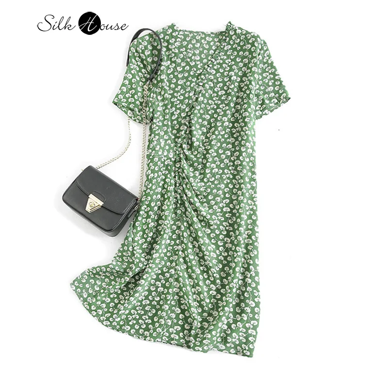 

Французское элегантное плиссированное платье с цветочным рисунком, аутентичное шелковое платье, женское шелковое платье с цветочным принт...