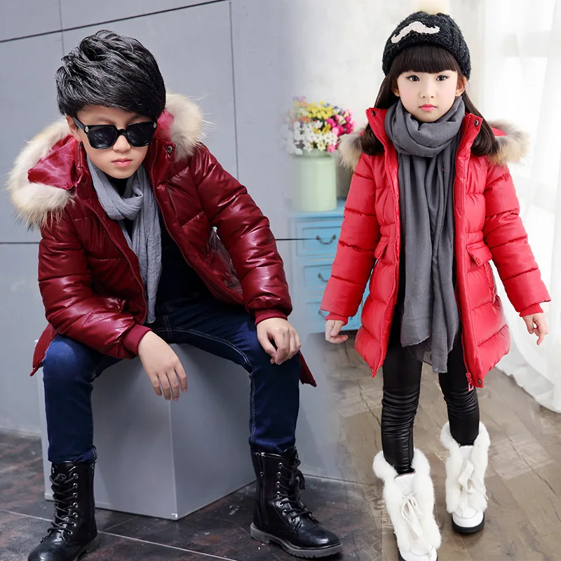 

Children Leather Jacket Winter Girls Cotton-Padded Coat Real Fur Clothing Girls Warm Coat Fur Hooed Snowsuit Kids TZ563