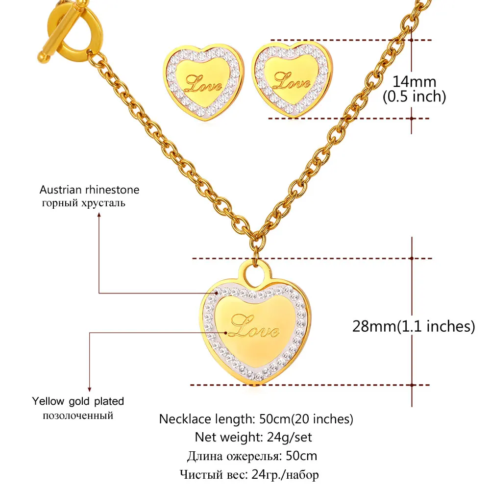 Collare Crystal Heart Jewelry Sets For Women Love Gift Gold Color Rhinestone Stainless Steel Stub Earrings Necklace S250 | Украшения и