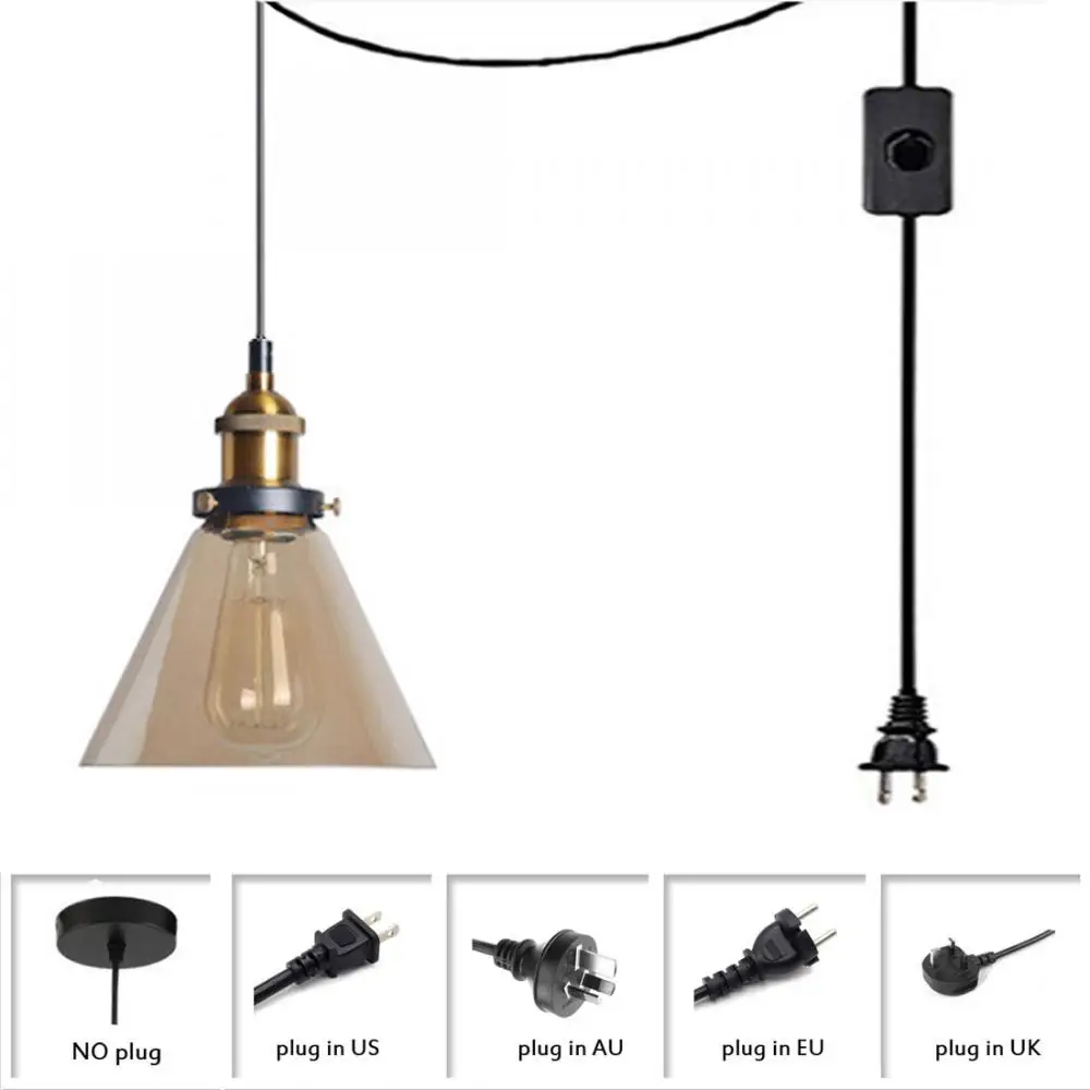 

Plug In Pendant Light Vintage Amber Glass Pendant Light Hanging Lighting Fixture with Glass Shades for Kitchen Island