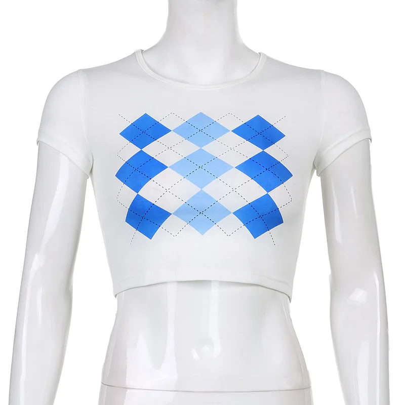 

ALLNeon Y2K Fashion Argyle Plaid Slim Baby Tees 90s Aesthetics O-neck Short Sleeve Printing White T-shirts Summer Cute Crop Tops