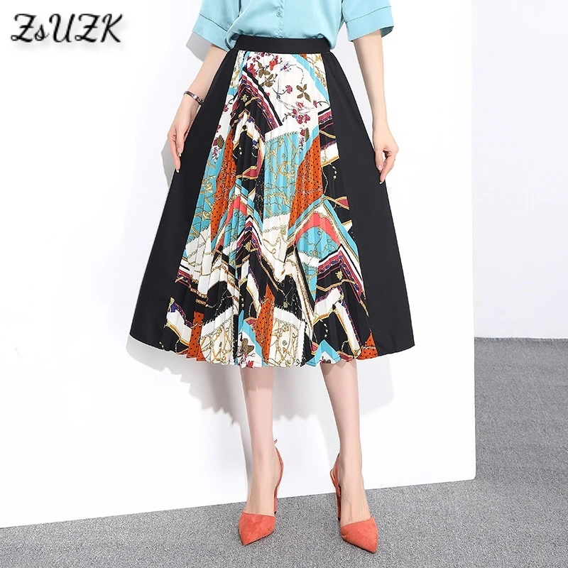 

2021 Spring Floral Skirt Women's Middle Length A-line Retro All-Match High Waist Fashion Pleated skirt
