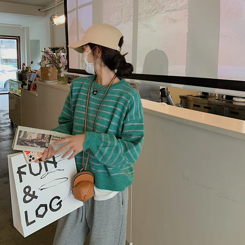 Футболка с рукавами свитер в полоску женская Свободная верхняя одежда