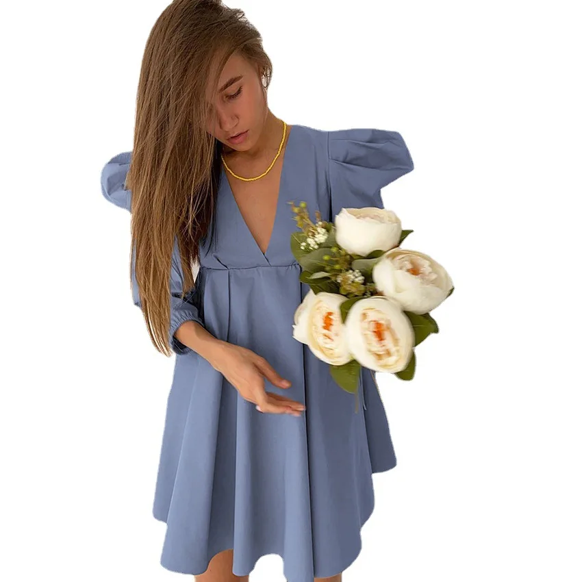 

2021 Summer Women Puff Sleeve Soild Color V-Neck Shirring Dress