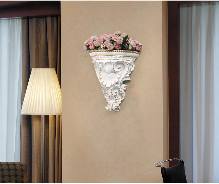 

European Roman Romance Creative Carved Wall Hanging Resin Vase+Artificial Flower Decoration Crafts Home Relief Mural Flower Pot