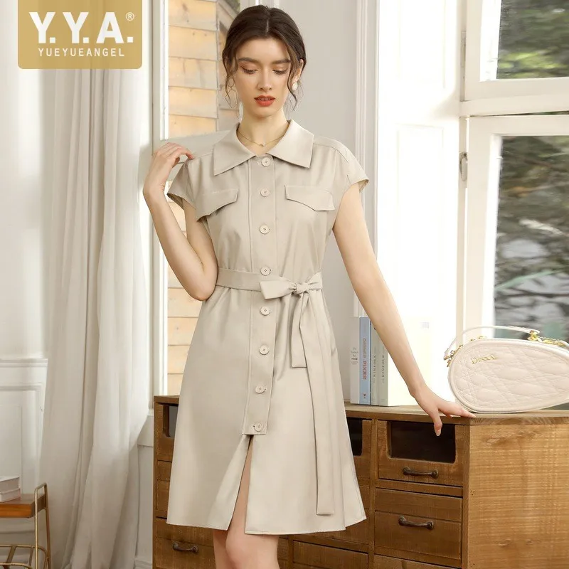 

2021 Summer Womens Short Sleeve High Waist Slim Fit Single Breasted Pocket Design A-Line Dress Belted Office Ladies Work Dresses