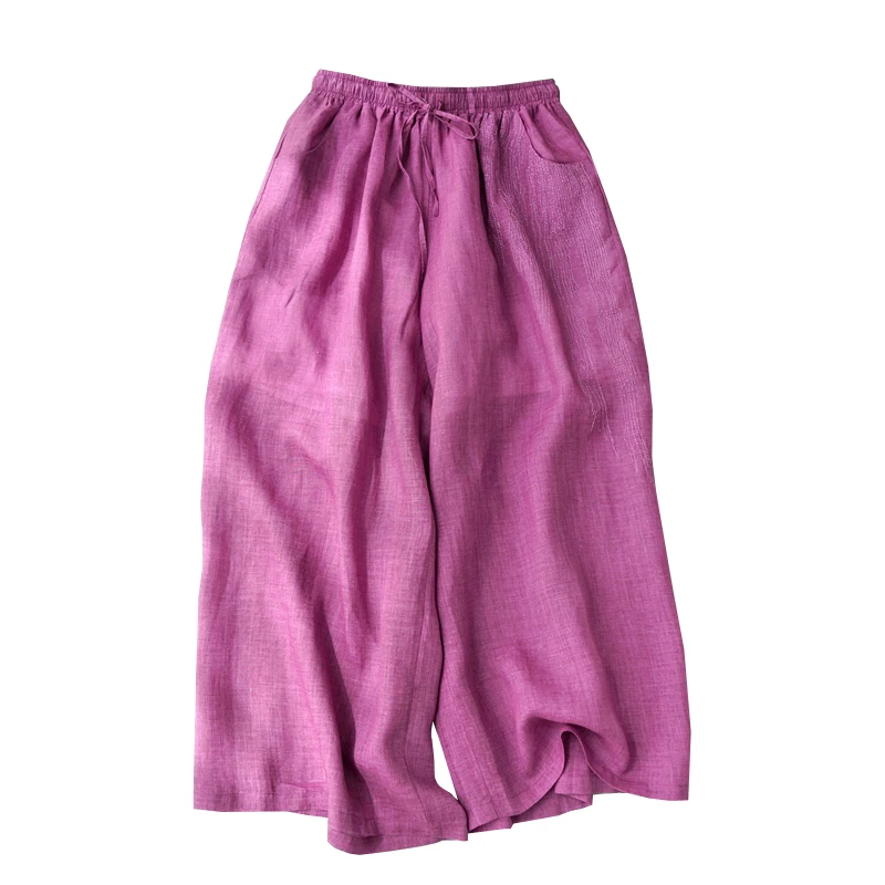 Spring Summer Women Loose Plus Size Sweet Embroidey Comfortable Water Washed Thin Ramie Trousers Elastic Waist Wide Leg Pants