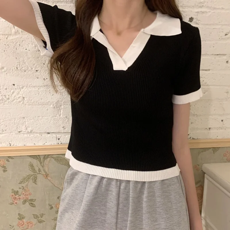 

Summer V-Neck Knited T-Shirts Female Short-sleeve Patchwork T-shirts Women Slim Thin Tops