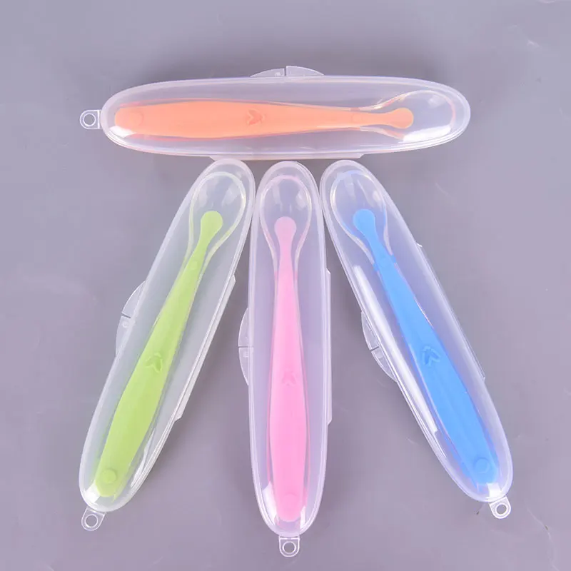 Cuchara antideslizante de entrenamiento para beb&eacute;, vajilla bonita de silicona de grado alimenticio para alimentaci&oacute;n de beb&eacute;, cuchara de alimentaci&oacute;n con caja de almacenamiento, 1 ud.-0