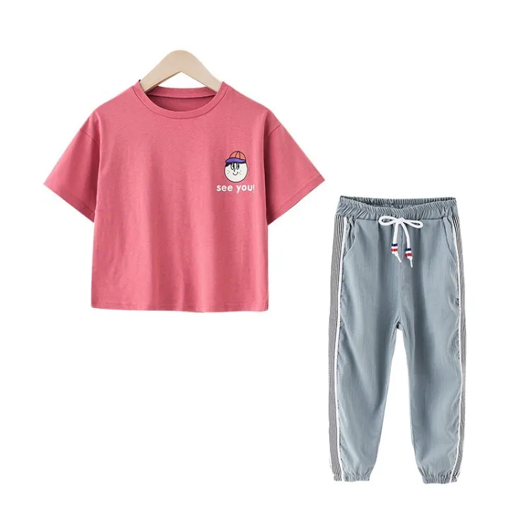 

Girls' Summer Suits 2021 New Casual Printed T-shirt Sports Drawstring Loose Two-Piece Pants