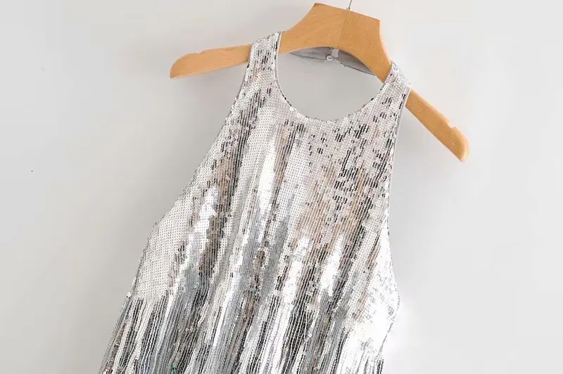 sexy silver sequined party dress women sleeveless backless tassel dress elegant ladies vestido