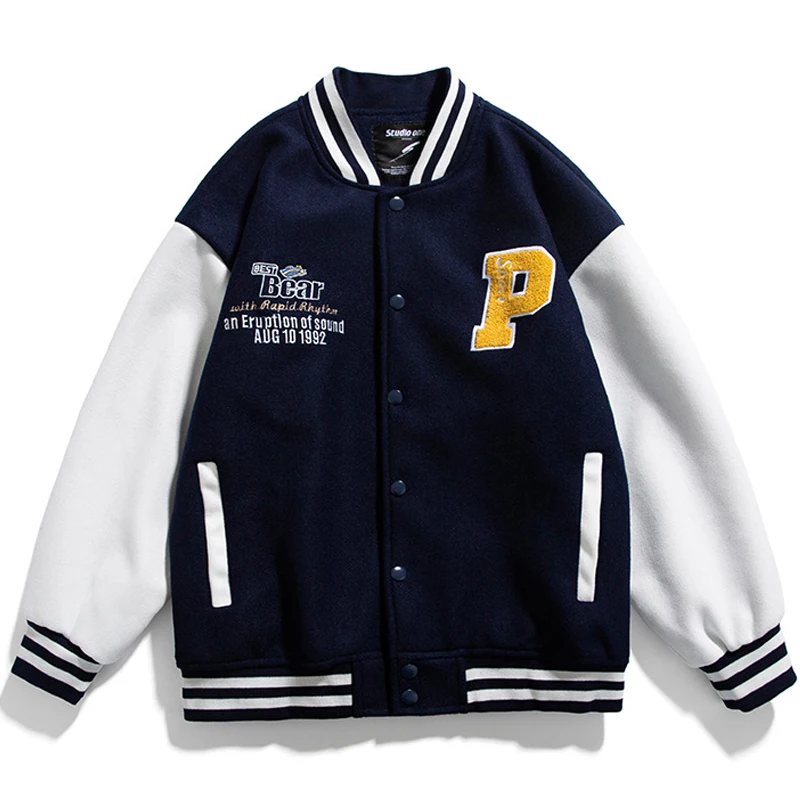 

Hip Hop Patchwork Jacket Men's Harajuku Streetwear Letter Embroidered Doll Bomber Jacket Couple Jacket Baseball Jacket Unisex