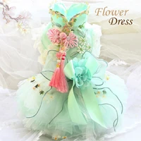 free shipping handmade luxury dog dress pet clothes fairy collar embroidery flower fresh green tutu tulle skirt party holiday