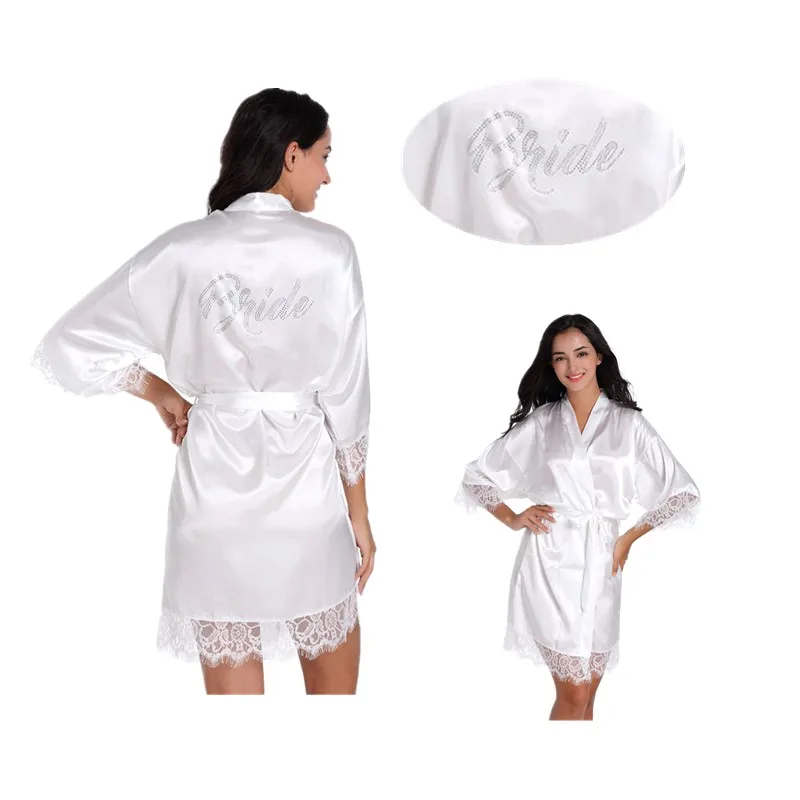 

Retail Bride Letter Rhinestone Robes Lace Women Satin Silk Robes Lace Bridesmaid Nightgown Wedding Dressing Gown Bathrobes T99