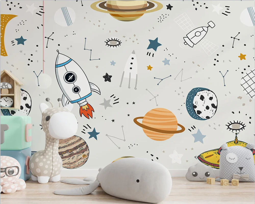

Обои beibehang на заказ, современный скандинавский мультфильм, ручная роспись, космический корабль, ракета, фон для детской комнаты