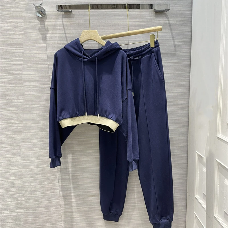 

Женские спортивные костюмы Fashoin, сине-белые короткие куртки с капюшоном и длинные брюки с эластичным поясом, костюмы из чистого хлопка для о...