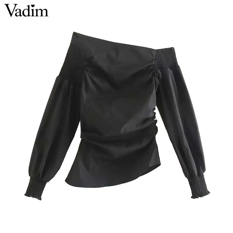 Vadim Женская Стильная черная блузка на одно плечо с длинным рукавом Однотонная