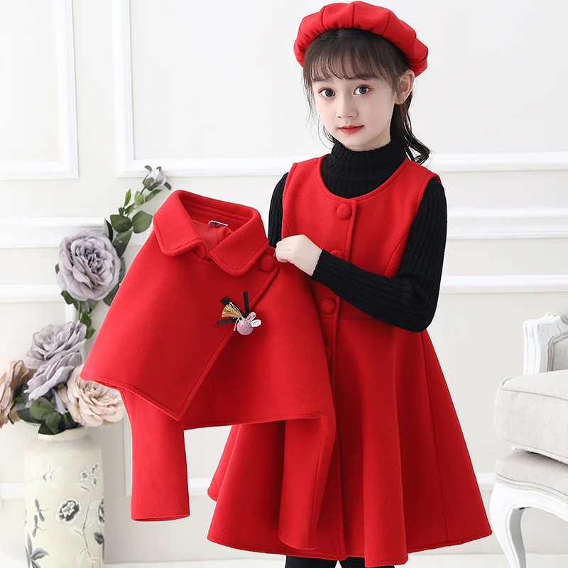 

Baby Girls 2020 New Suit Children Winter Princess Dress Little Girl Hat+Shawl+Skirt+Sweater Four-Piece Woolen Fashion Girl Dress