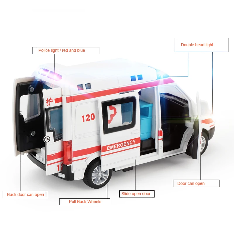 1:32 High Hospital Simulation Ambulance Hospital Rescue Metal Cars Model Pull Back With Sound and Light Alloy Diecast Car Toys