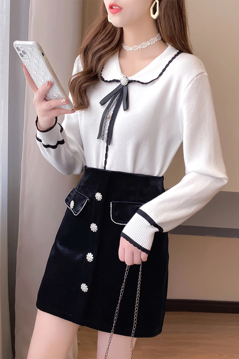 

light ripe wind brim design feeling bowknot sweater nail drill skirts two-piece outfit