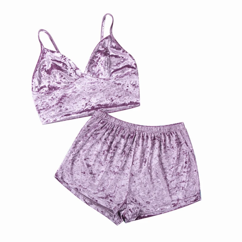 

Spring Autumn Pajamas New Velvet Cami Shorts Pijamas Women's Purple Sexy V Neck Lady Home Wear 2 Piece Pyjamas Set