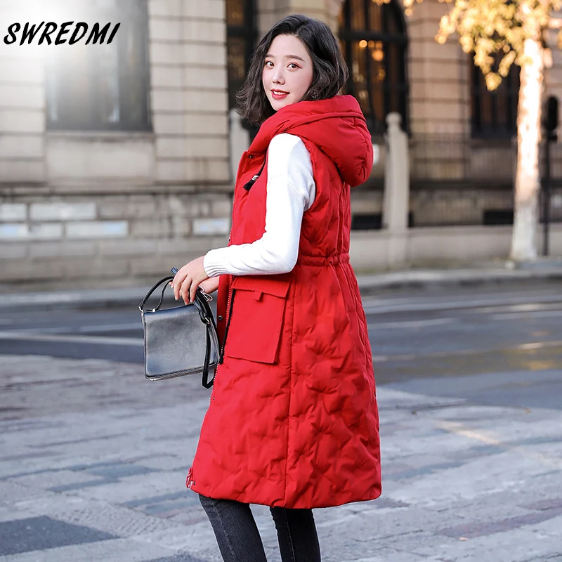Длинный женский зимний жилет с капюшоном теплый размера плюс M 5XL куртки и пальто