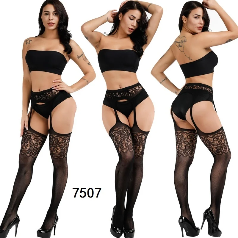 

Women Sexy Lingerie Stockings Black Fishnet Tights Transparent Crotchless Pantyhose Thigh High Elastic Embroidery Stockings
