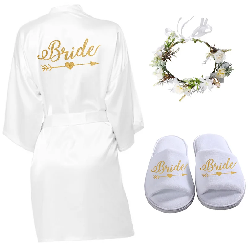 3 шт./комплект блестящий золотой атласный короткий Свадебный халат венок тапочки