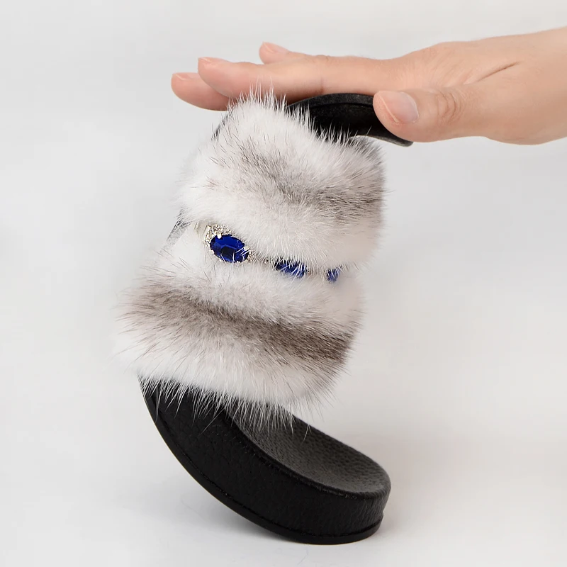

Fur Slippers Slides Women's Real Whole Mink Fur Slippers Open Toe Indoor Home Slides Fluffy 13Colors