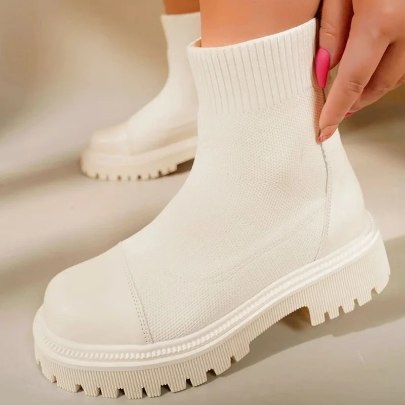 

Minimalist Women Sock Ankle Boots Slip on Knit Patchwork Concise Sewing Round Toe Wedges Solid Elastic Band Fashion Ladies Shoes