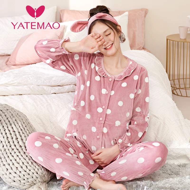 YATEMAO фланелевые пижамные комплекты для беременных Ночная одежда кормящих женщин