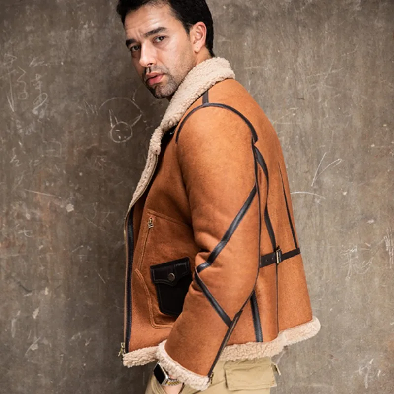 Мужская зимняя куртка-пилот из натуральной кожи с шерстяной подкладкой