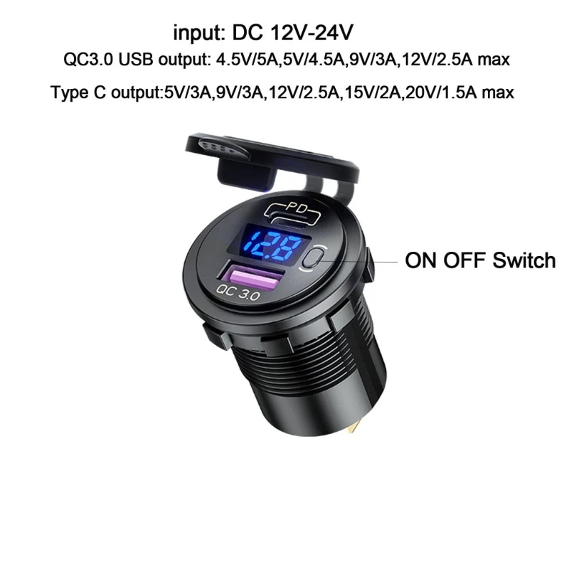 Водонепроницаемый Тип C PD QC3.0 USB 12V автомобильный адаптер для быстрого