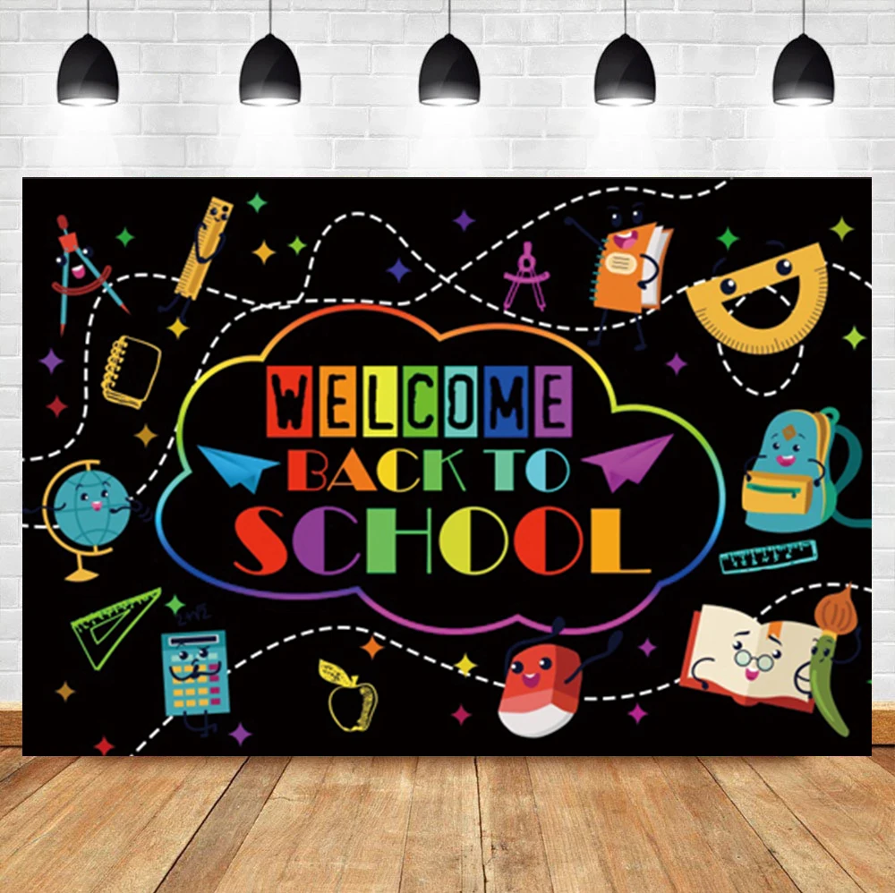 

Laeacco Welcome Back To School Day Blackboard Globe Eraser Kindergarten Graduation Backdrop Photographic Photo Background