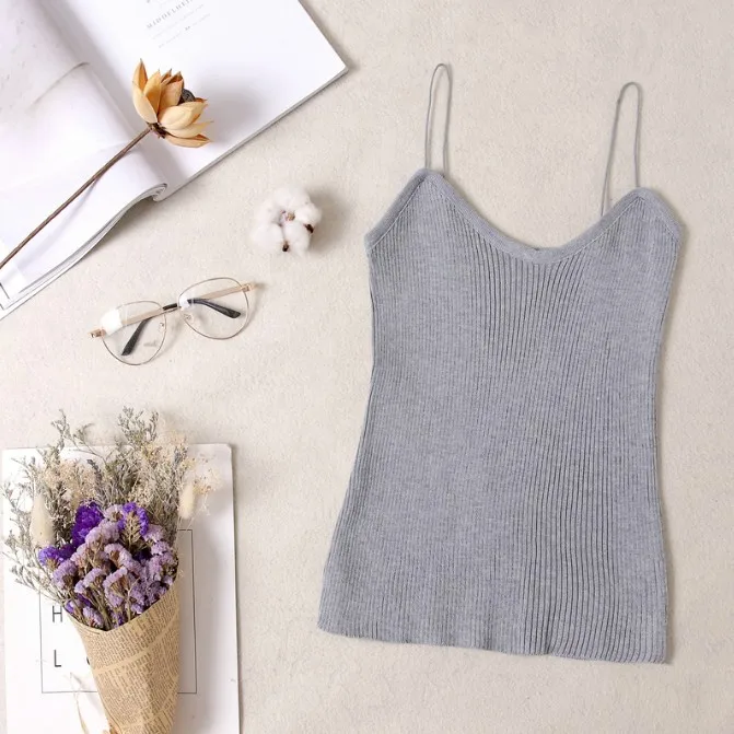 Women Summer Sexy Camisole Tanks Slim Casual Tank Tops Lady's Undershirt Solid Breathable Shoulder Vest For Female - Цвет: Серый