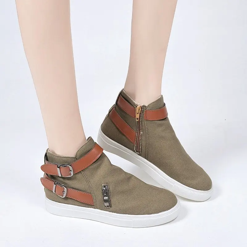 

2021 Autumn Women Shoes British Style Casual Ankle Canvas Boots Ladies Flat Sneakers Belt Buckle Zipper Denim Shoes For Females