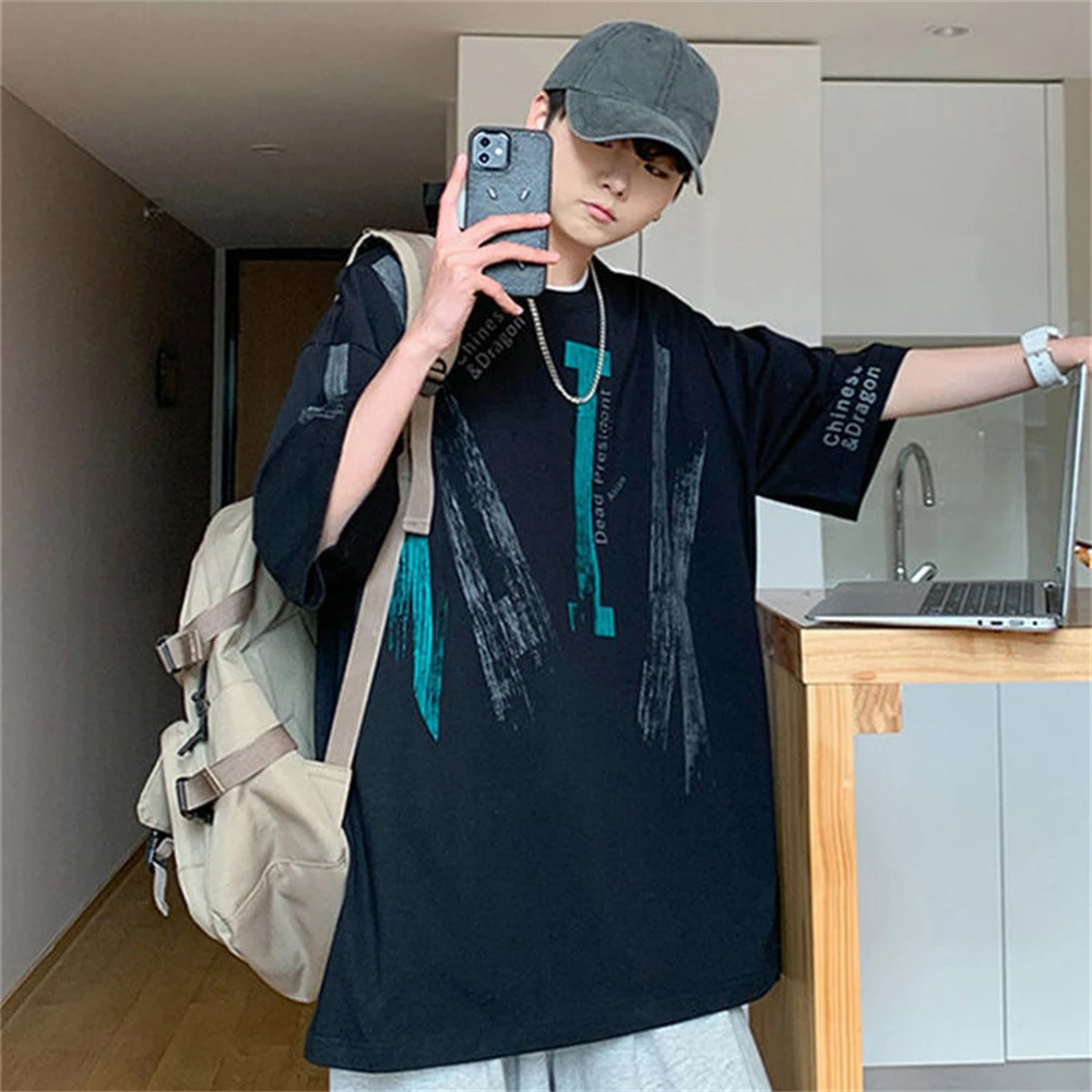 

100% Cotton Men Summer Clothing 2021 Male Streetwear Men Hip Hop Loose Half Sleeve Korean T-Shirt White Print T Shirts Males