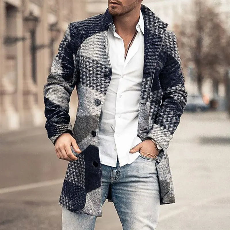 

Men's Coat Stand Collar Medium And Long Casual Coat Fashion Color Matching Lattice Coat Single Breasted Casual Coat