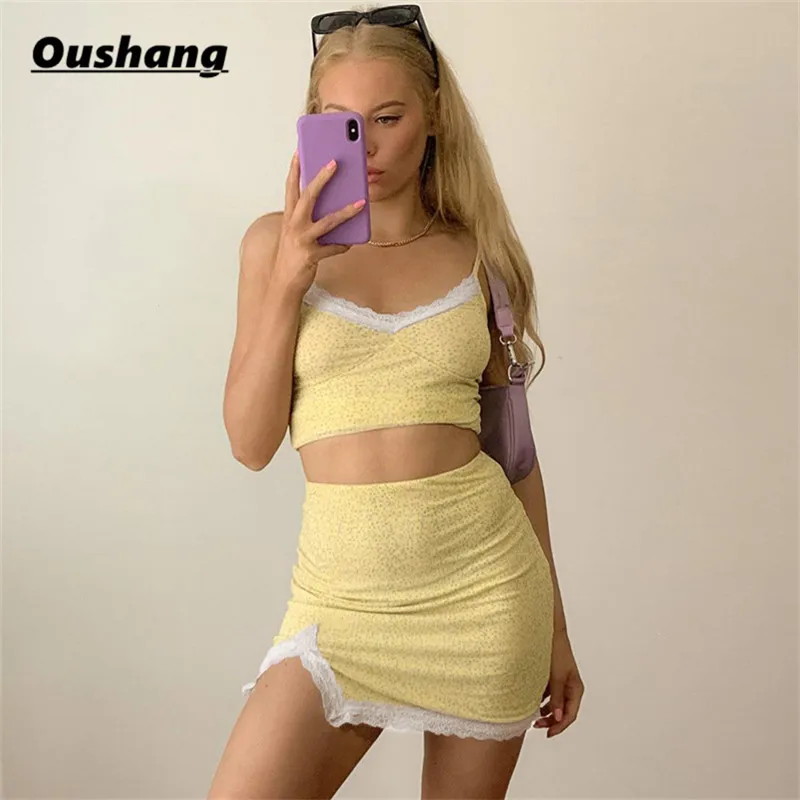 

Y2K Streetwear Yellow Lace Mini Dress Set Women TWwo Piece Tops And Skirt Cute Harajuku Summer Sundress Holiday Matching Sets